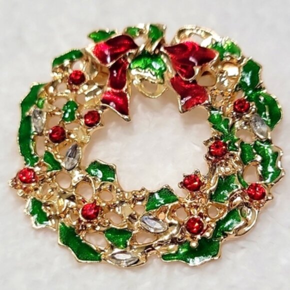 Christmas Wreath Brooch Pin Gold Tone Red Green New - Picture 8 of 11